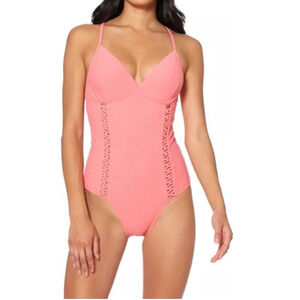 Jessica Simpson MELON Rose Bay Textured Jacquard One-Piece Swimsuit Medium NWT